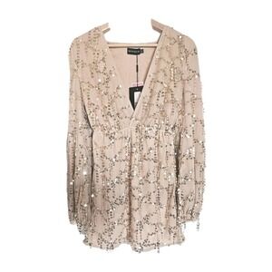 Nwt Pretty Little Things Gold Sequin Dress Size 2  Champagne Long Sleeve Fringe